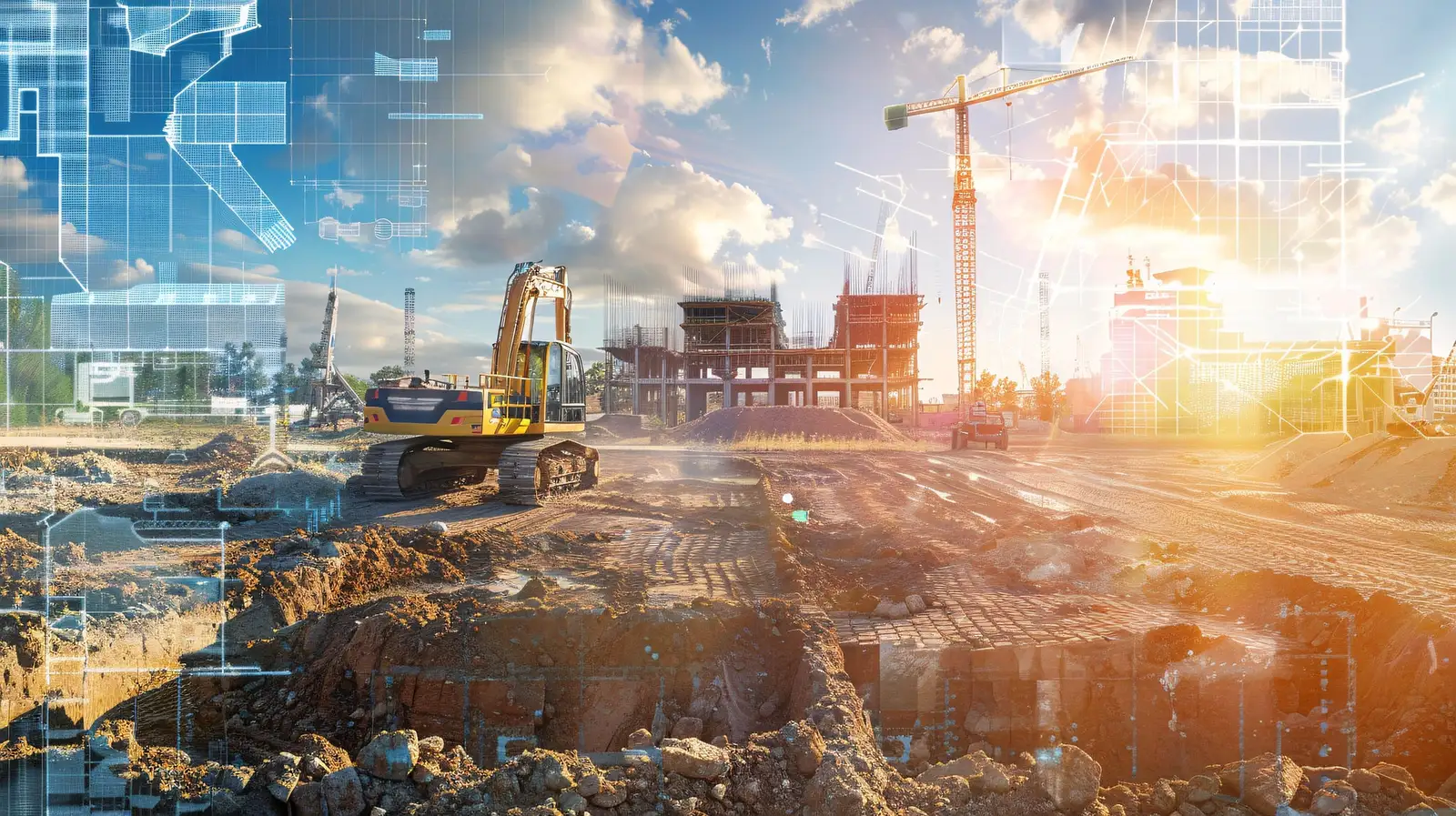 Construction site with a digital blueprint overlay