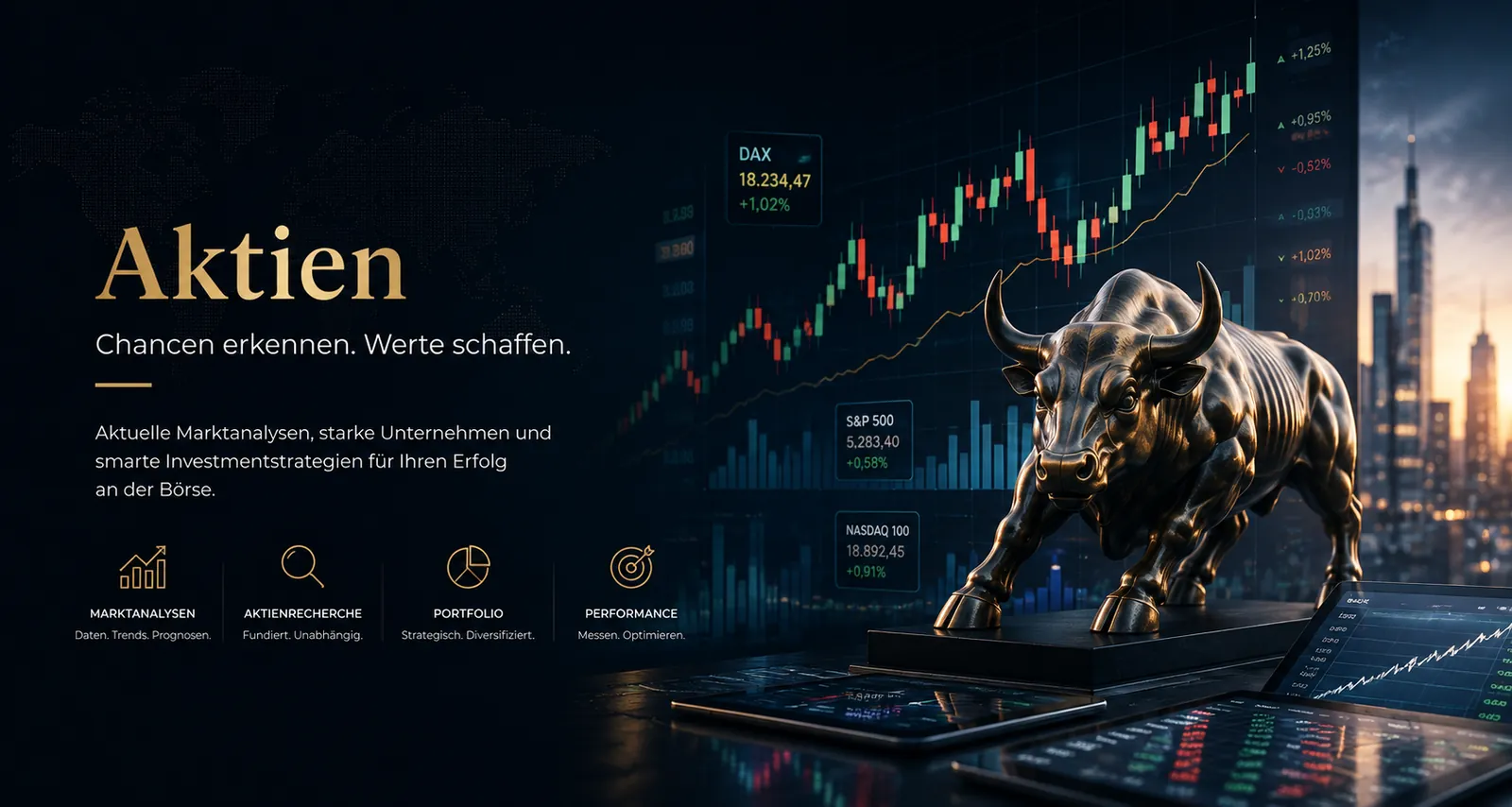 Aktien-Analysen von EchoDestiny: Was den Aktienkurs bewegt — Bulle vor Kurschart mit DAX, S&P 500 und NASDAQ 100, dazu die Stichworte Marktanalysen, Aktienrecherche, Portfolio und Performance
