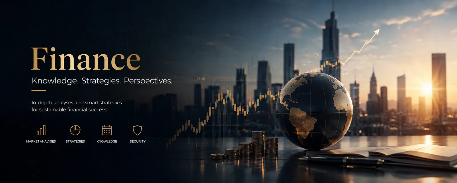 EchoDestiny Portfolio Intelligence — portfolio tracker and holdings analysis: a financial skyline at sunrise with a candlestick chart, globe and stacks of coins, alongside the keywords market analyses, strategies, knowledge and security
