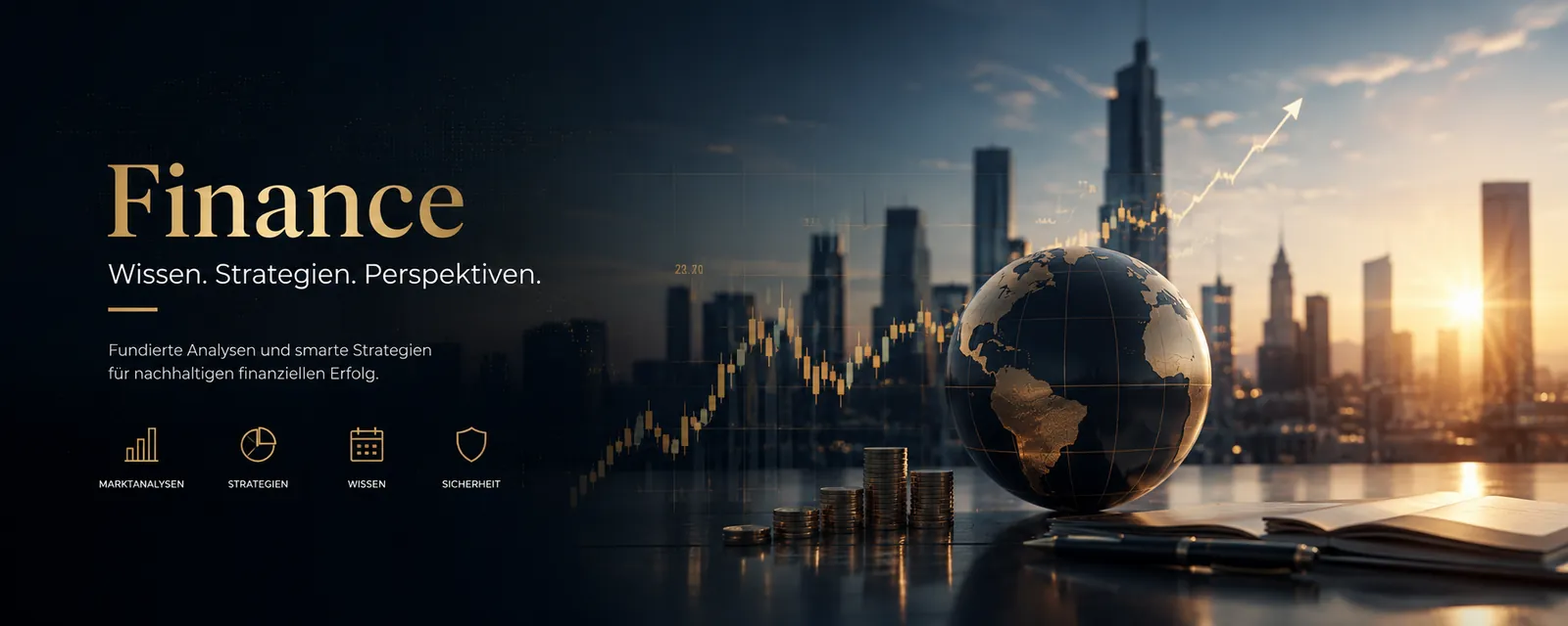 EchoDestiny Portfolio Intelligence — Depot-Analyse und Portfolio Tracker: Finanzskyline bei Sonnenaufgang mit Kursverlauf, Globus und Münzstapeln, dazu die Stichworte Marktanalysen, Strategien, Wissen und Sicherheit