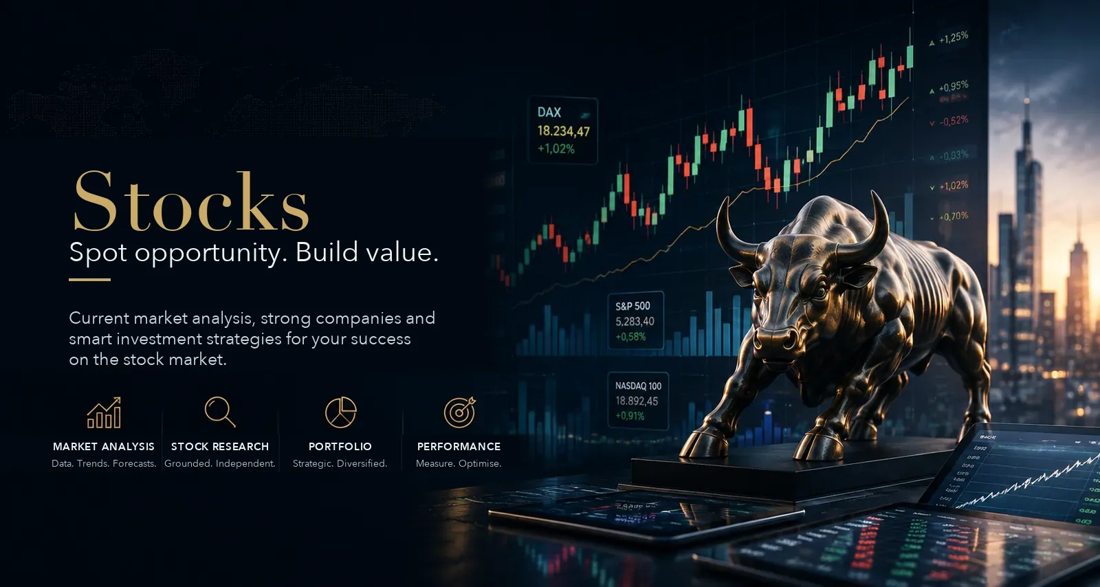 EchoDestiny stock analyses: what moves a share price — a bull in front of a price chart showing the DAX, S&P 500 and NASDAQ 100, alongside the themes market analysis, stock research, portfolio and performance