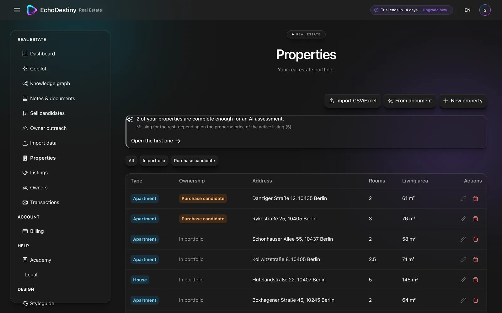 Property list in EchoDestiny with purchase candidates clearly marked next to portfolio properties